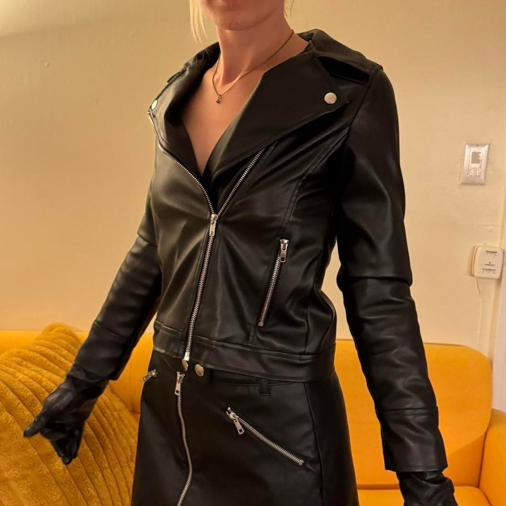 Sexy black leather biker jacket